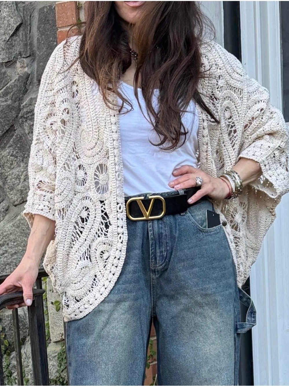 Crochet Open-Knit Cardigan Sweater - Cream -OS